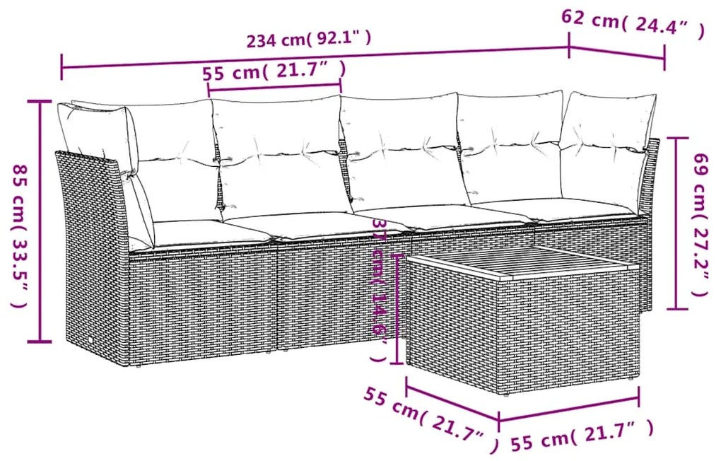 5 pcs conjunto sofás de jardim com almofadões vime PE preto