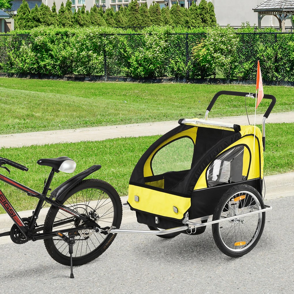 HOMCOM Reboque de Bicicleta 2 EM 1 para crianças de 2 lugares com Amortecedores Convertível em carrinho com barra e kit de corrida 129x85x105cm Amarelo