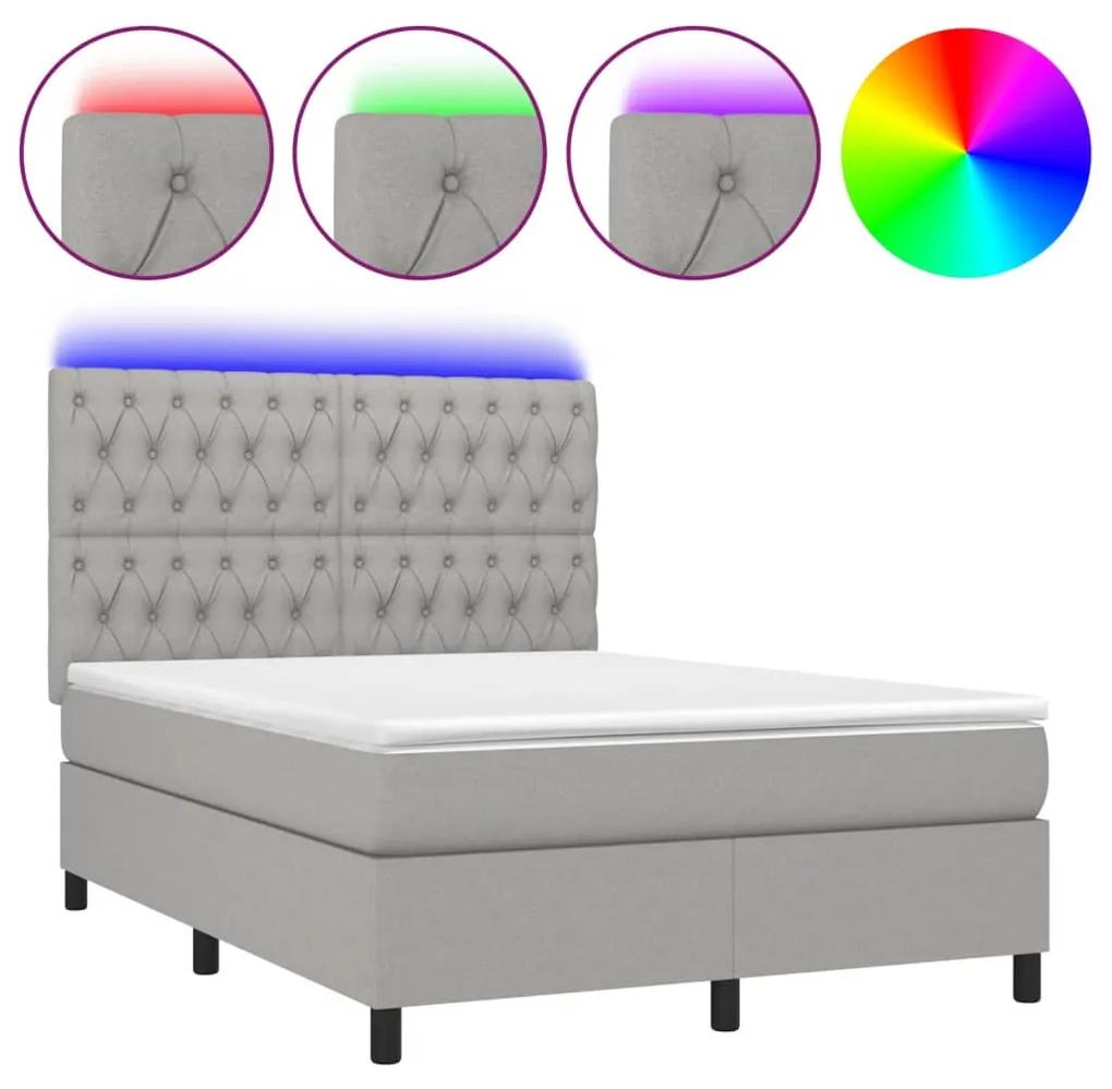Cama box spring c/ colchão e LED 140x190 cm tecido cinza-claro
