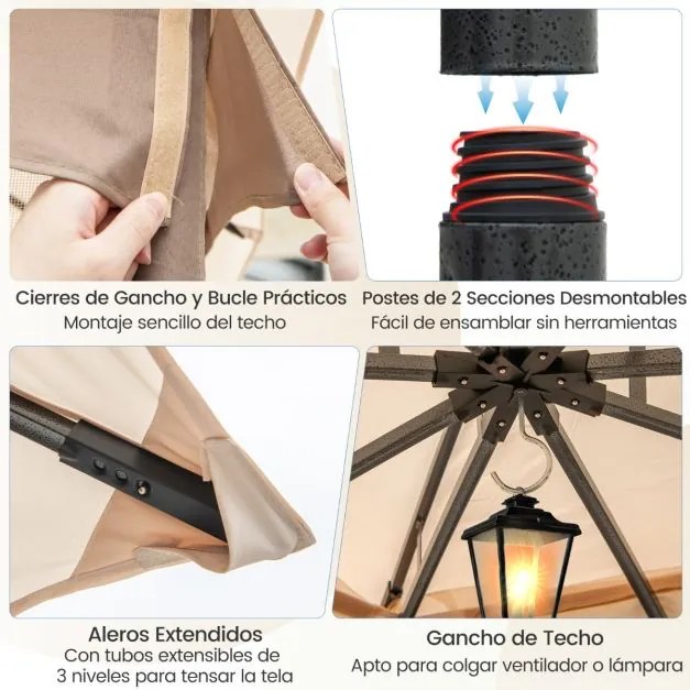 Pérgula para jardim 365x300 cm com paredes de malha com pesos areia Estrutura metálica resistente Portas com fecho Caqui