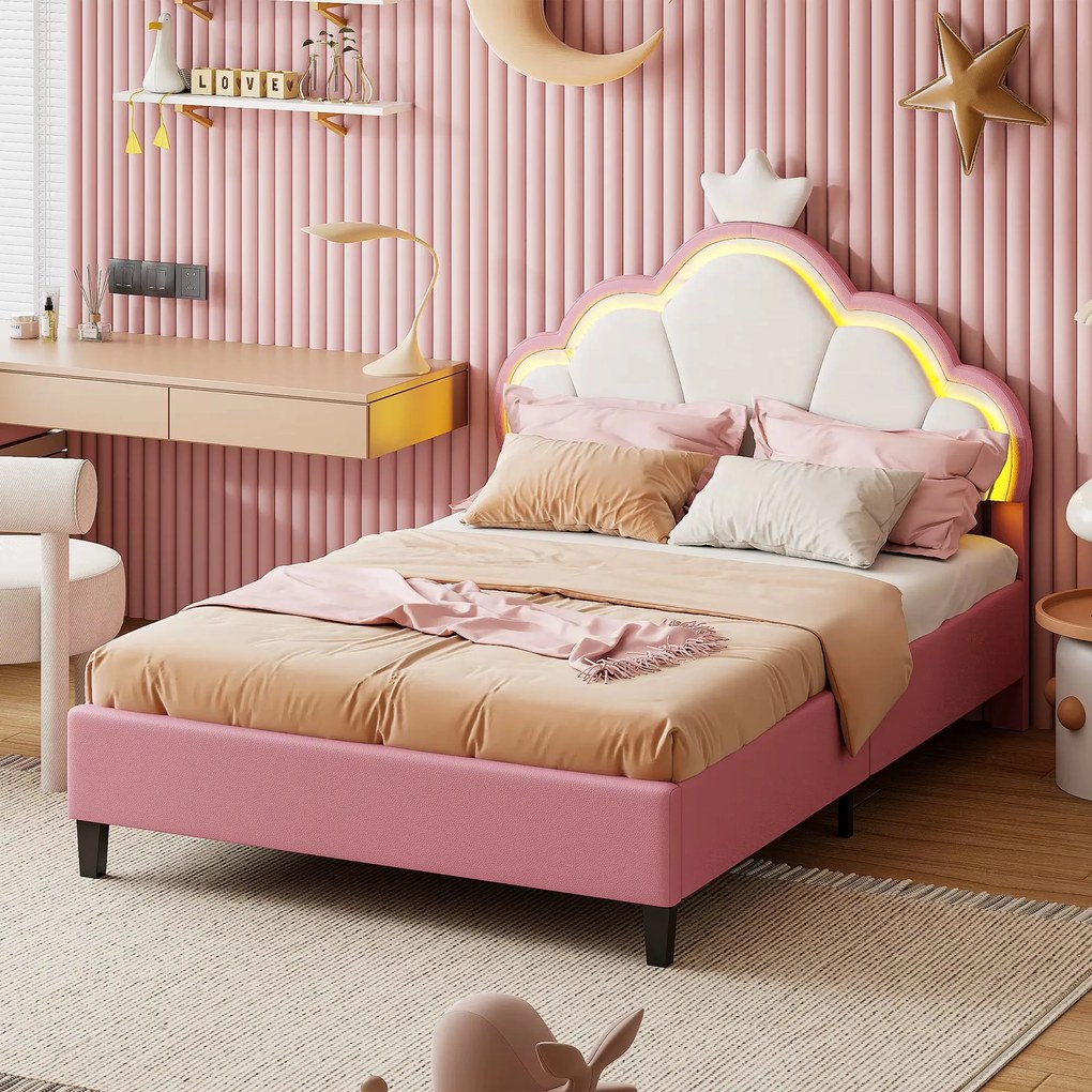 90X200Cm/140X200Cm Pink PU Children'S Bed Frame,With LED and Crown-Sha