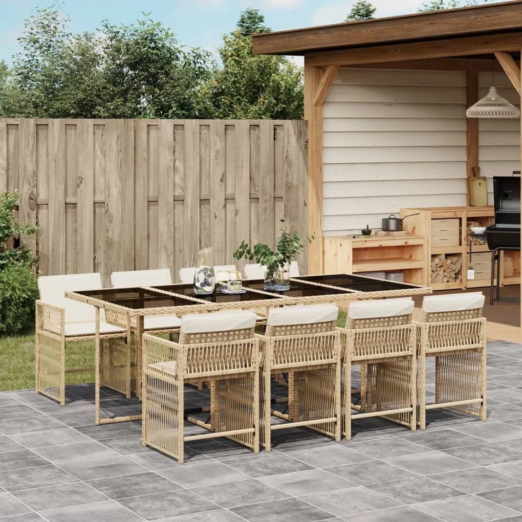 vidaXL 9 pcs conjunto de jantar p/ jardim com almofadões vime PE bege