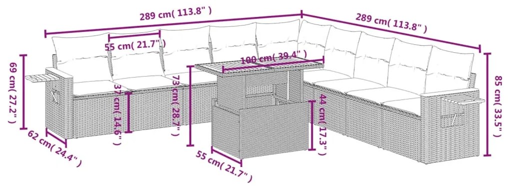 11 pcs conjunto sofás de jardim c/ almofadões vime PE preto