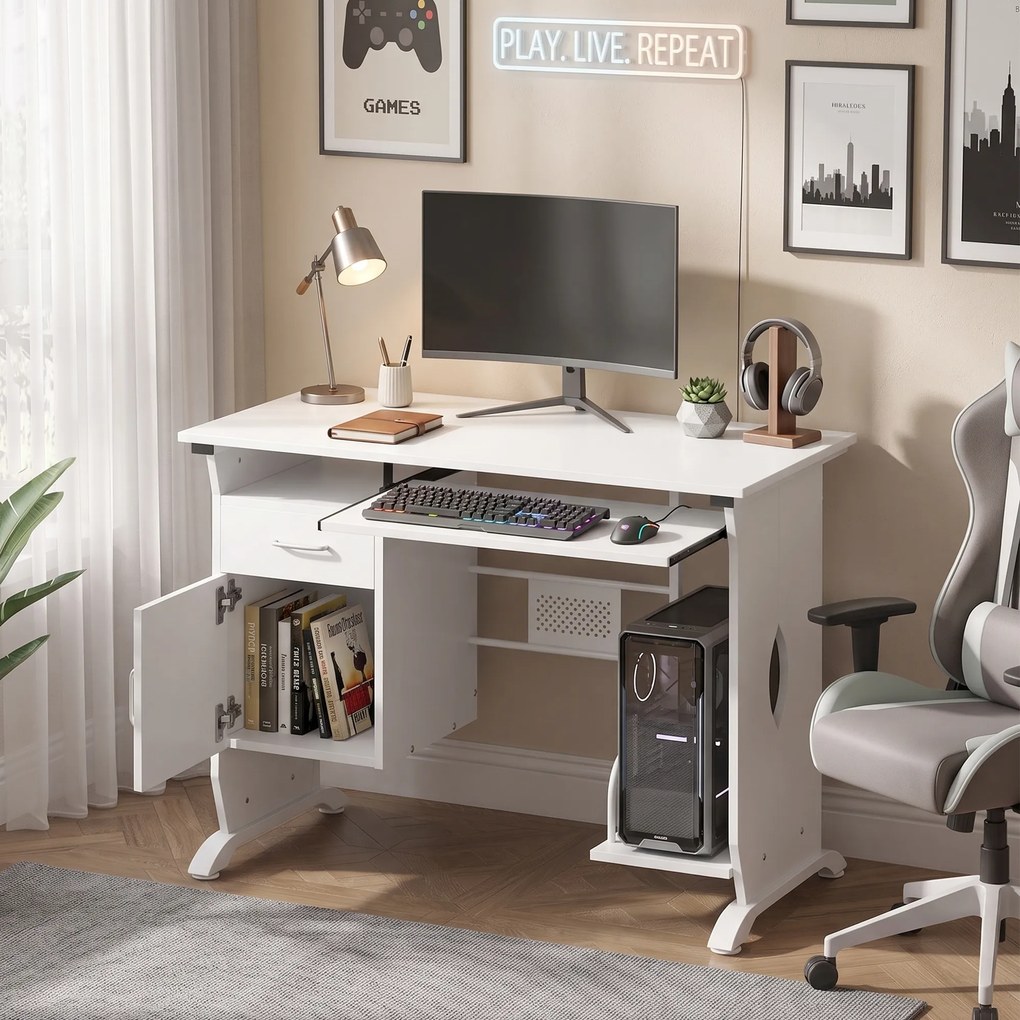 Secretária para computador, 100 x 52 x 75 cm, prateleira deslizante para teclado, gavetas e suporte para unidade central, branca