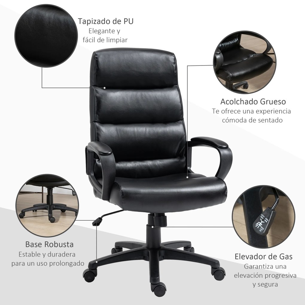 Vinsetto Cadeira de Escritório Giratória Cadeira de Escritório Ergonómica com Altura Ajustável Apoio para os Braços Alto Acolchoado de Couro Sintético 66x66x107-114cm Preto