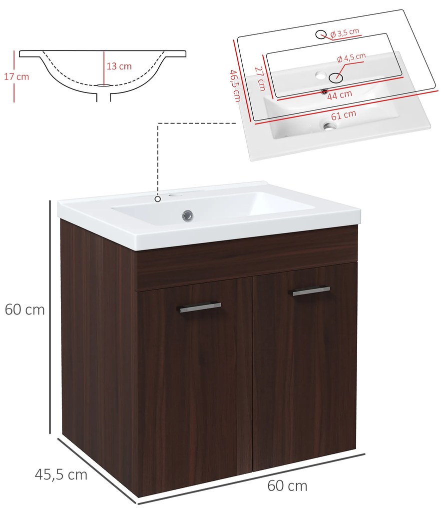 Móvel Casa de Banho com Lavatório Cerâmico Móvel Casa de Banho de Parede com 2 Portas e Ajustável 60x45,5x60 cm Castanho