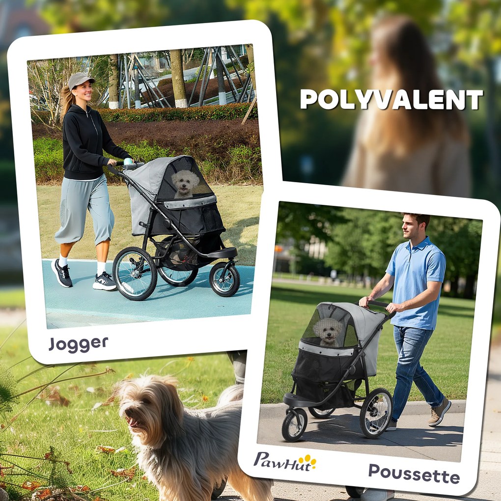 Carrinho dobrável para cães com cesto de arrumação, almofada lavável, rodas de borracha e capota ajustável, cinzento