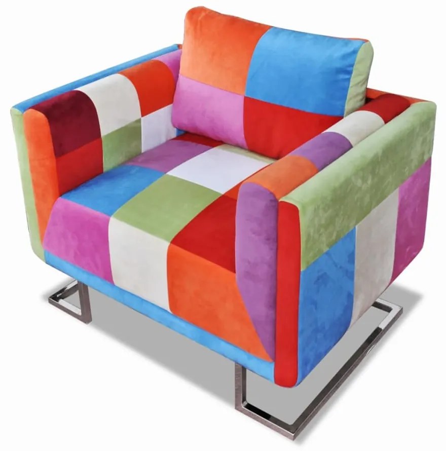 240895 vidaXL Poltrona cubo com pés cromados, tecido com design de retalhos
