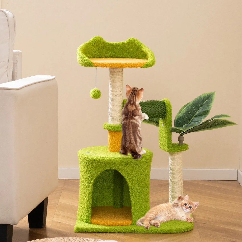 Árvore para gatos em forma de palmeira com folhas artificiais, postes de sisal, escova com pompons verde e laranja
