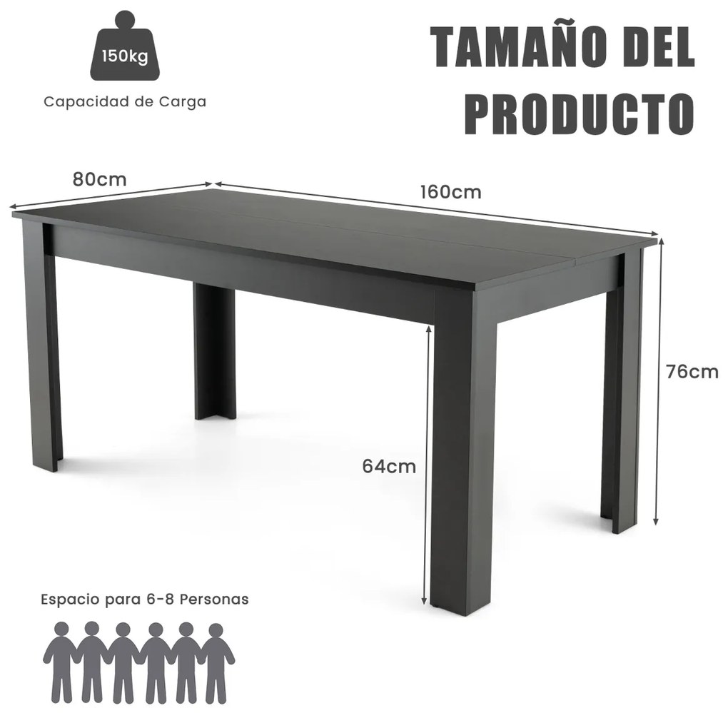 Mesa de jantar retangular com pernas em L robustas 160 x 80 x 76 cm Preta