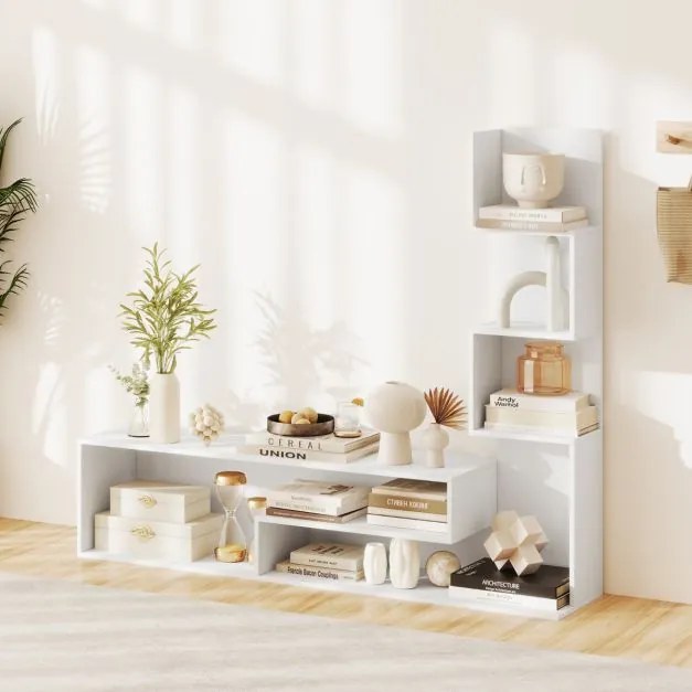 Móvel de TV 144,5 x 29,5 x 121 cm com cubos para TVs até 50” Mesa de consola com Estantes em L e compartimentos abertos para sala de estar Branca