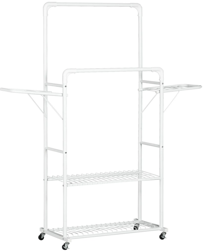 HOMCOM Charriot de Roupa com Rodas 2 Laterais Dobáveis 2 Trilhos 2 Prateleiras Armazenamento 153x43,7x171 cm Branco | Aosom Portugal