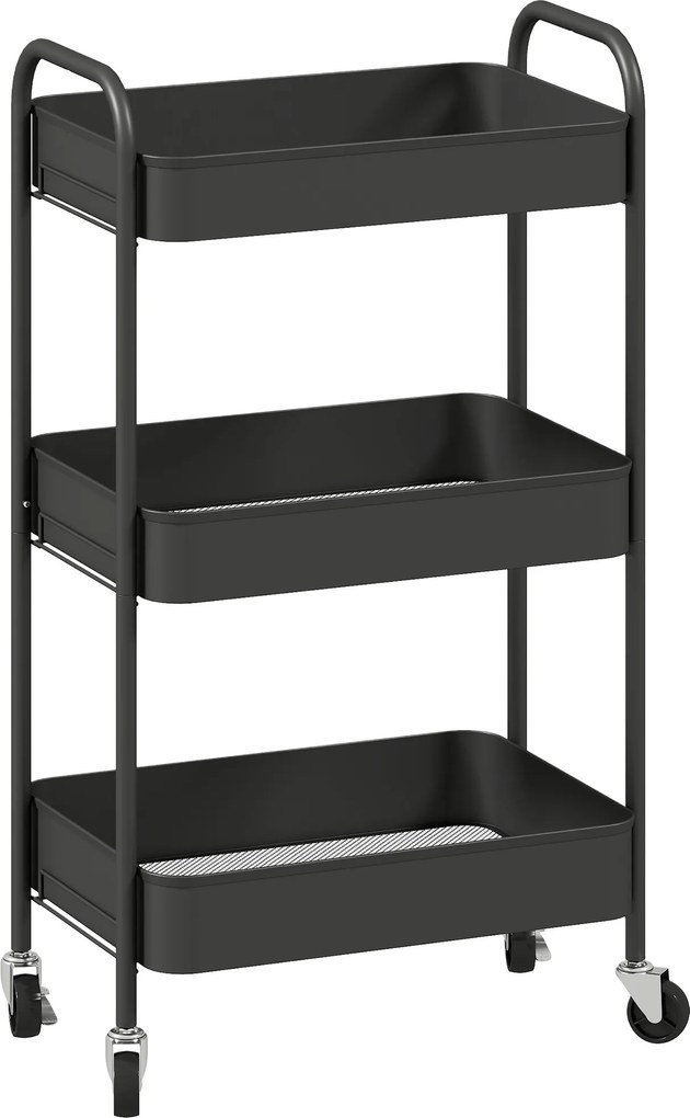 HOMCOM Carrinho multiuso, Carrinho móvel, Carrinho de cozinha, 3 prateleiras, 4 rodas, 45 cm x 30,6 cm x 79 cm, Preto | Aosom Portugal