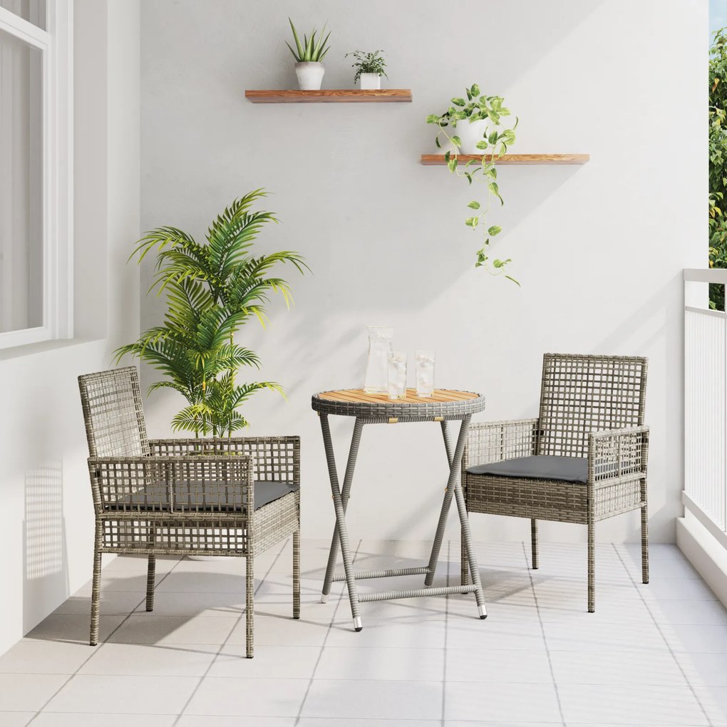 Conjunto de Bistro de Jardim de 3 Peças com Almofadas Cinzento em Rattan Sintético
