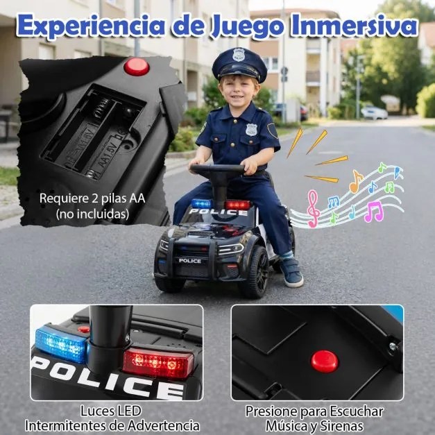 Andador de polícia deslizante para bebés com mais de 18 meses, com luzes, música e sirene, arrumação debaixo do assento, preto