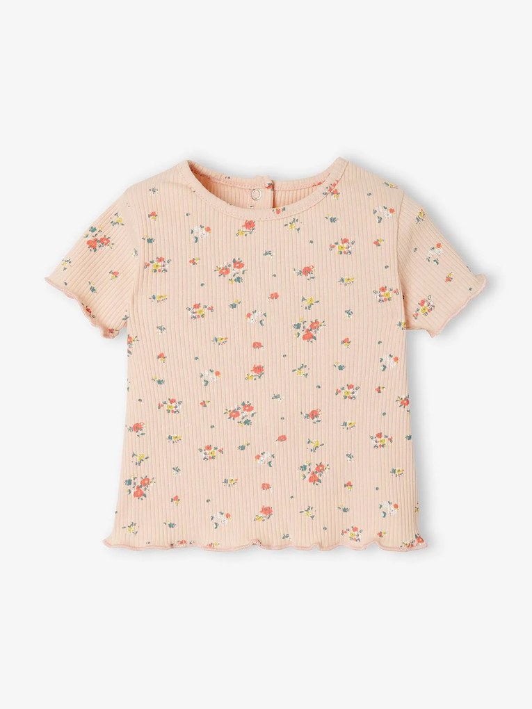 Agora -25% | T-shirt às flores, em malha canelada, para bebé rosa claro estampado