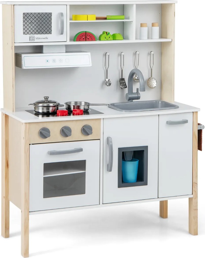 Cozinha de brincar em madeira 72 x 30 x 90 cm com micro-ondas, exaustor, fogão, lava-loiça, forno, máquina de gelo, 18 acessórios, botões, sons e toal