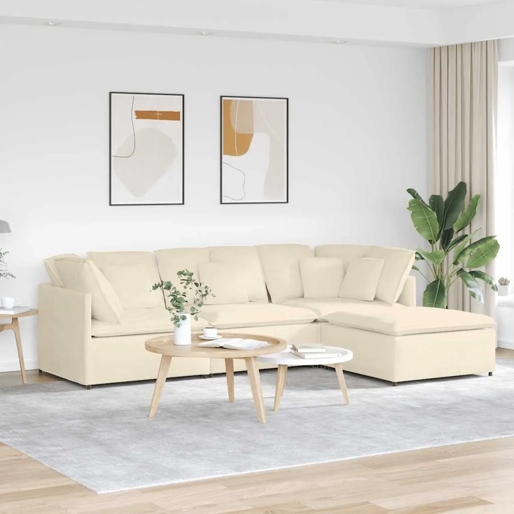 Sofá modular com pufes e almofadas tecido corduroy creme