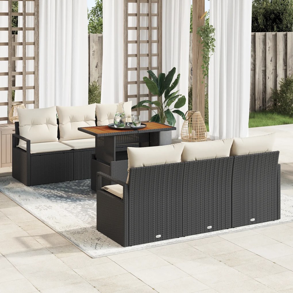 Conjunto de Sofá de Jardim vidaXL com Almofadas Preto Rattan Poliéster