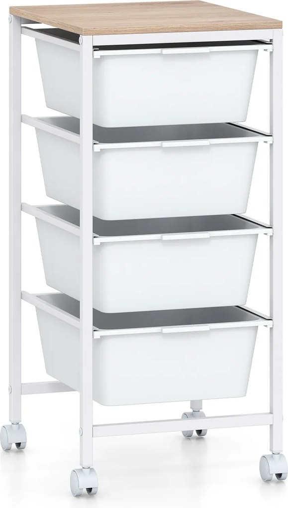 Carrinho Organizador com 4 Gavetas, 32,5 x 37 x 71 cm, Rodas com Travão, Branco