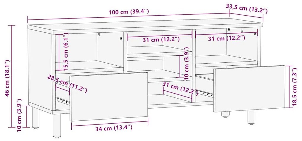 Móvel de TV 100x33,5x46cm madeira mangueira áspera maciça preto