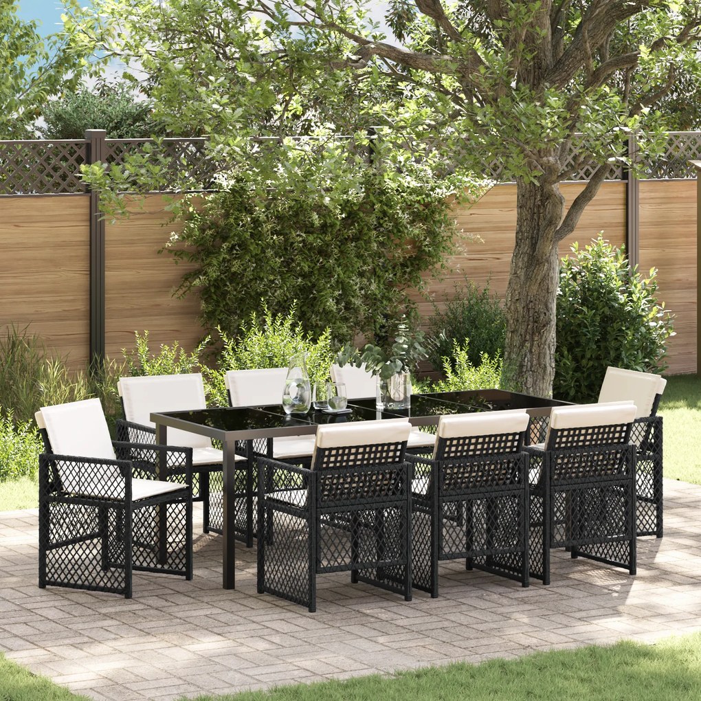 vidaXL Conjunto de Jantar de Jardim de 9 Peças com Almofadas Rattan Preto