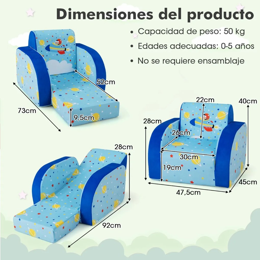 Poltrona infantil conversível 3 em 1 para crianças de 0 a 4 anos Sofá-cama com assento acolchoado de espuma Tecido de veludo 92 x 47,5 x 40 cm Azul