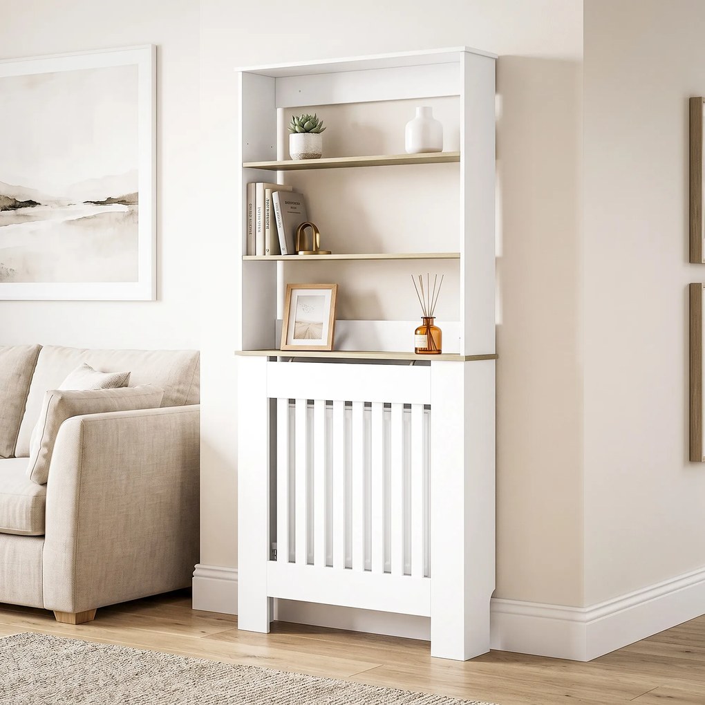 Cobertura para Radiadores em Ripas com 3 Prateleiras, Cobertura de Radiador Moderna em MDF para Sala de Estar, 78x19x165 cm, Branco