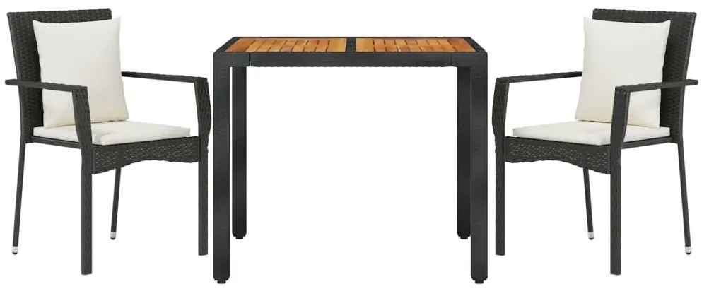 3 pcs conjunto de jantar p/ jardim c/ almofadões vime PE preto