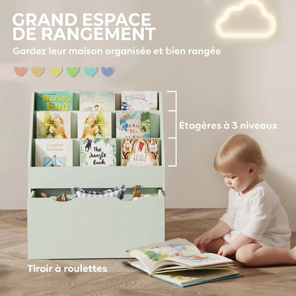 Estante infantil com vários compartimentos, com 3 níveis de prateleiras e uma gaveta, 62,5 L x 30 L x 70 A cm, verde