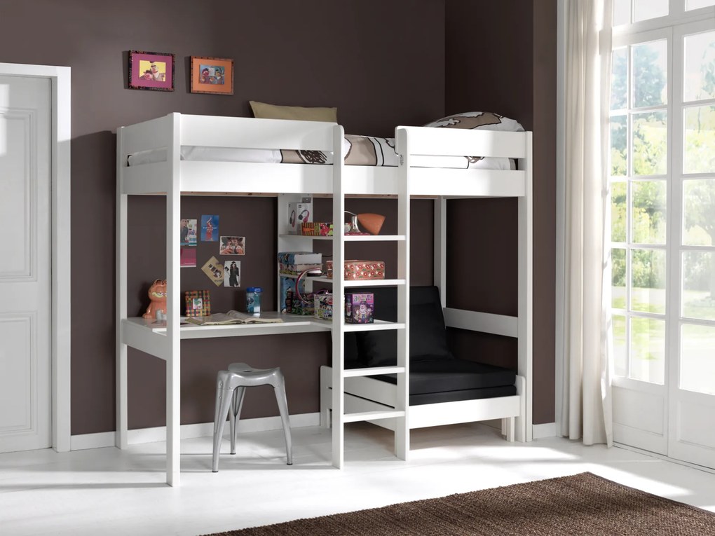 Conjunto Cama alta de Criança PINO 90 x 200 cm + estrado + escada + secretária + sofá-cama Branca