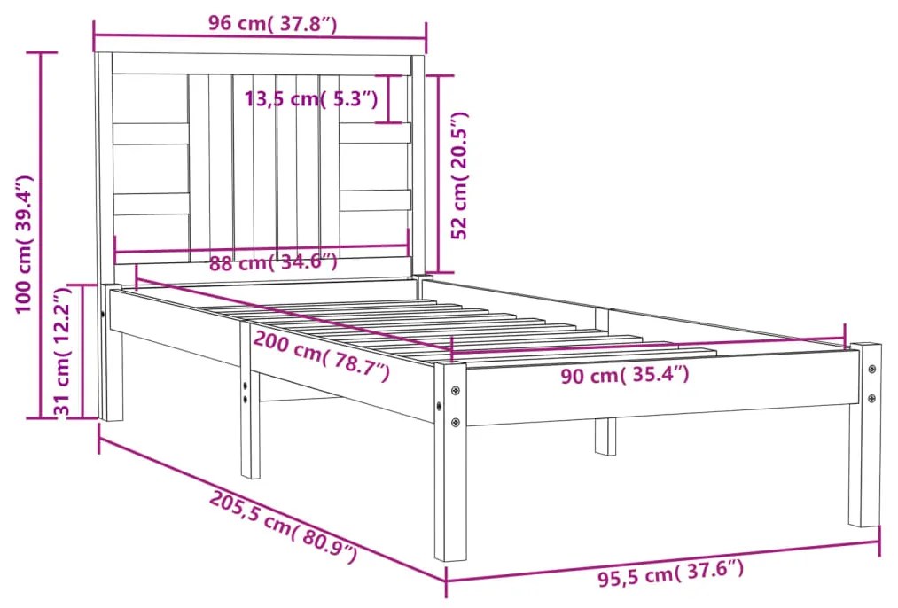 Estrutura de cama 90x200 cm madeira maciça