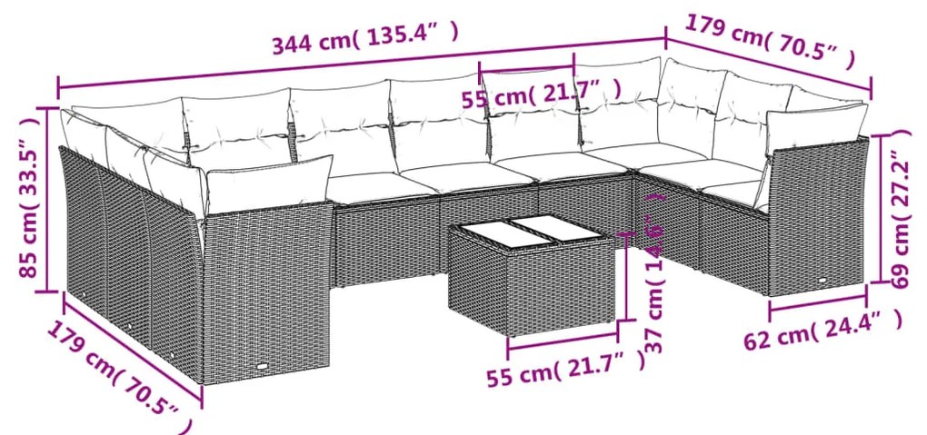 11 pcs conjunto sofás de jardim c/ almofadões vime PE bege