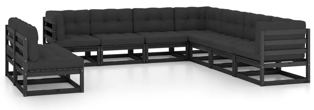 9pcs conjunto longue de jardim c/ almofadões pinho maciço preto