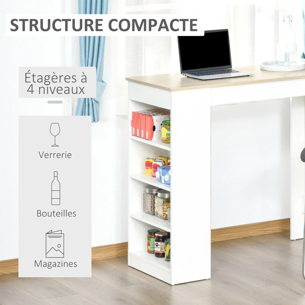 Mesa de bar para 2 pessoas, mesa alta para refeições em pé com 4 prateleiras abertas, 115 x 50 x 102,7 cm, branca e em madeira natural