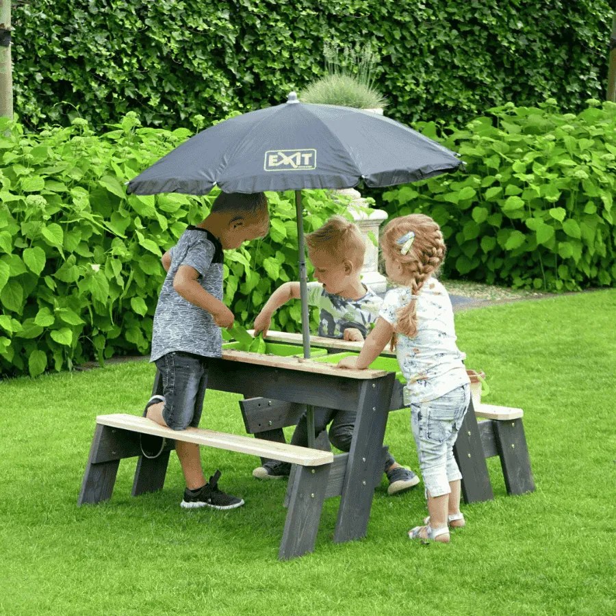 Mesa de piquenique para crianças (2 bancos) com guarda-sol e ferramentas de jardinagem cinzenta