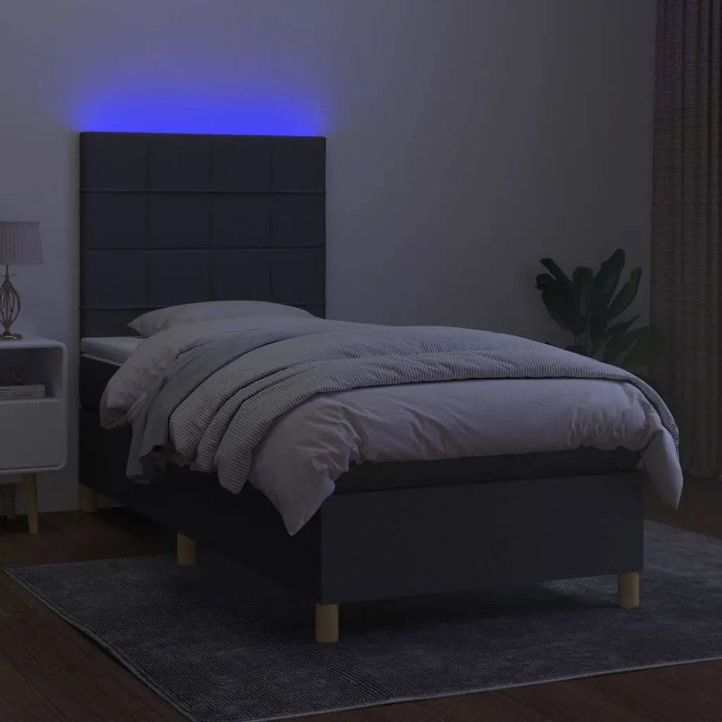 Cama box spring c/ colchão e LED 90x190 cm tecido cinza-escuro