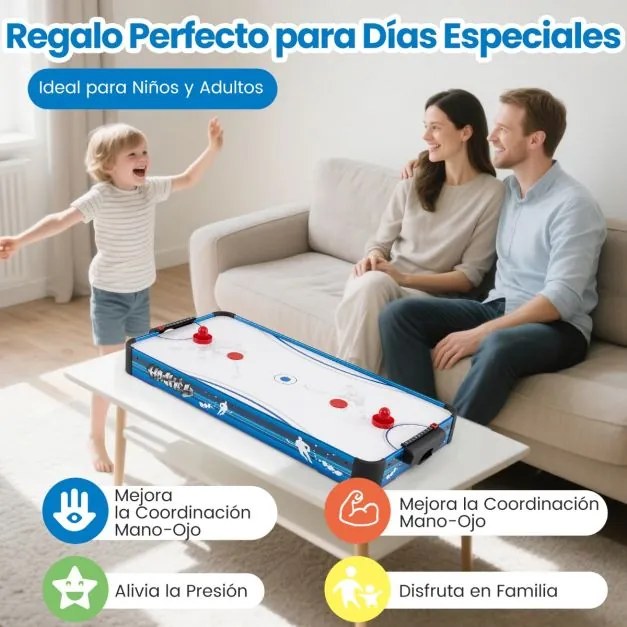Mesa de hóquei de ar com ventilador potente de 12 V, 2 discos, 2 empurradores, 108 x 50,5 x 10 cm, branco e azul