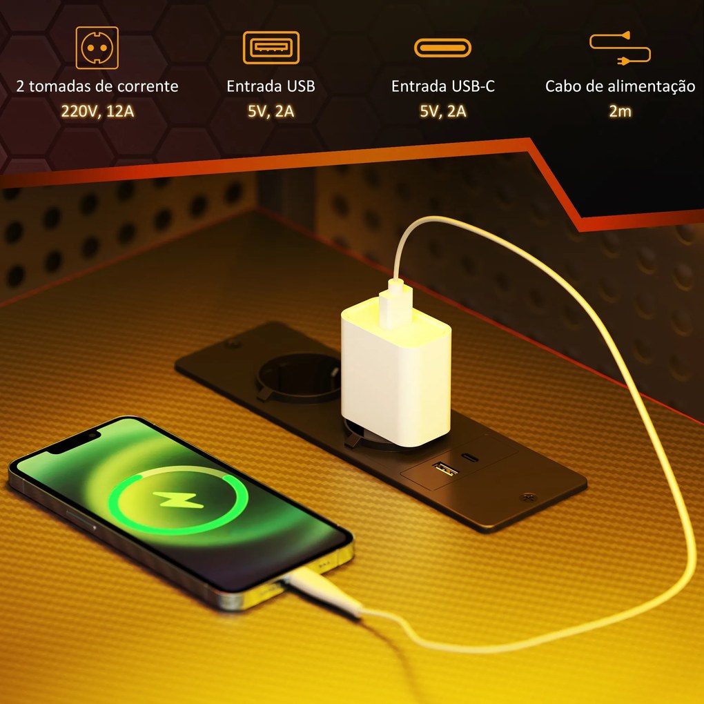 Secretária Gaming com Luzes LED 100x50 cm Secretária Gaming de Fibra de Carbono com Tomadas de Corrente e Controlo Remoto Preto