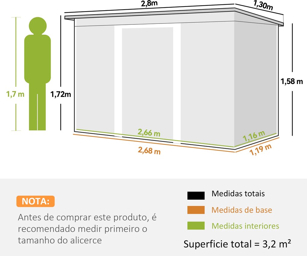 Abrigo de Jardim 280x130x172 cm Abrigo de Exterior de Aço Galvanizado com Porta Corredeira e Ventilações Cinza