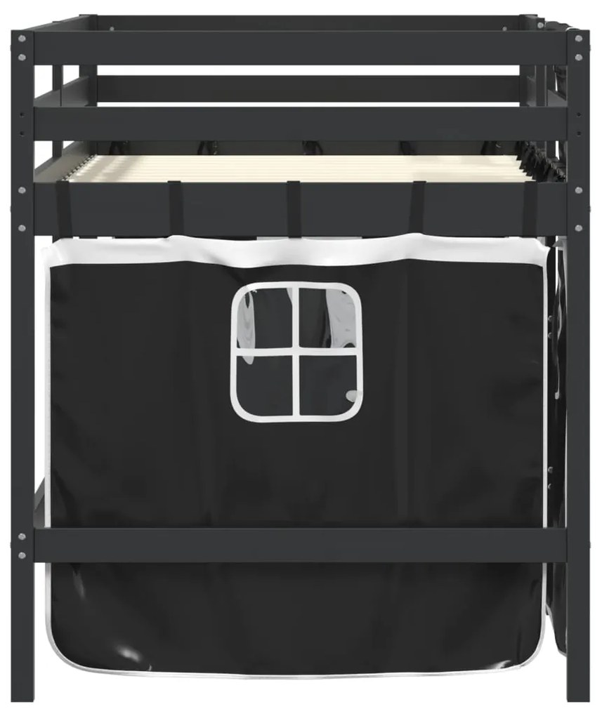 Cama alta criança c/ cortina 80x200cm pinho maciço branco/preto