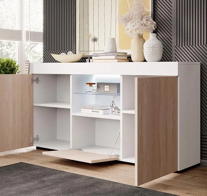 Aparador Elma de 135cm com Luz LED - Branco Mate/Carvalho - Design Mod