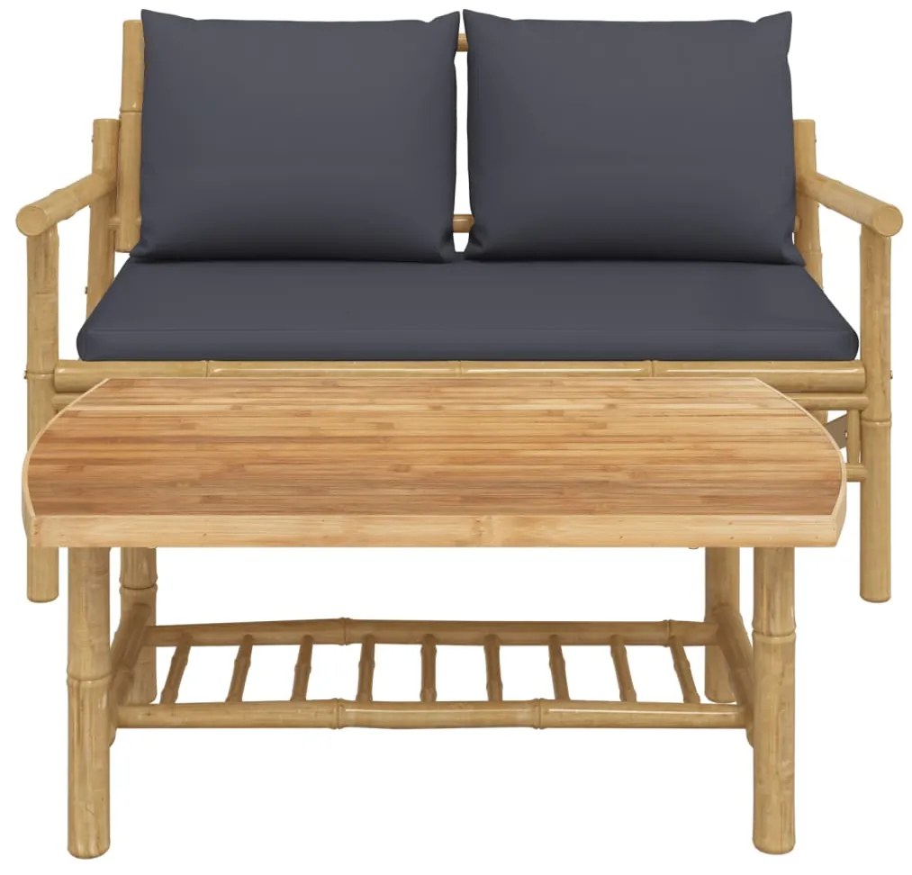 2pcs conj. lounge de jardim bambu c/ almofadões cinzento-escuro