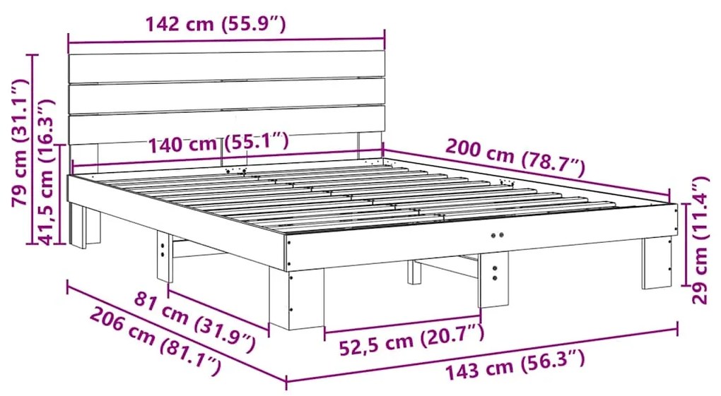 Estrutura cama cabeceira sem colchão 140x200 cm maciça carvalho