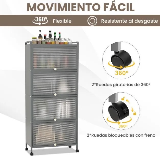 Armario de cozinha de 5 níveis sobre rodas Estante de cozinha de 5 níveis com portas articuladas 60 x 32 x 154 cm Cinzento