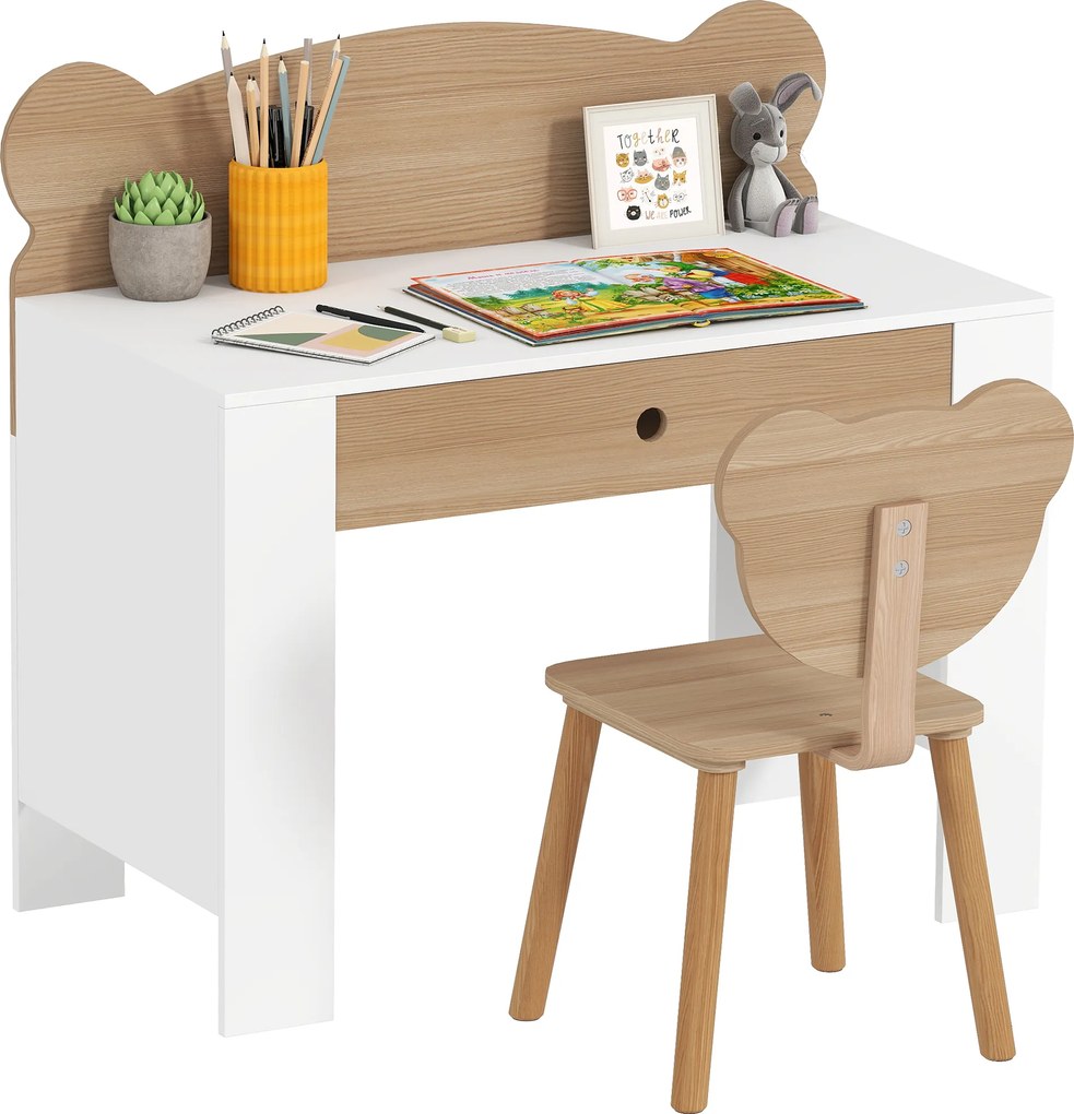 Secretária infantil com cadeira, mesa infantil e cadeira com gaveta e tampo largo, 80 x 41 x 74,5 cm, madeira natural