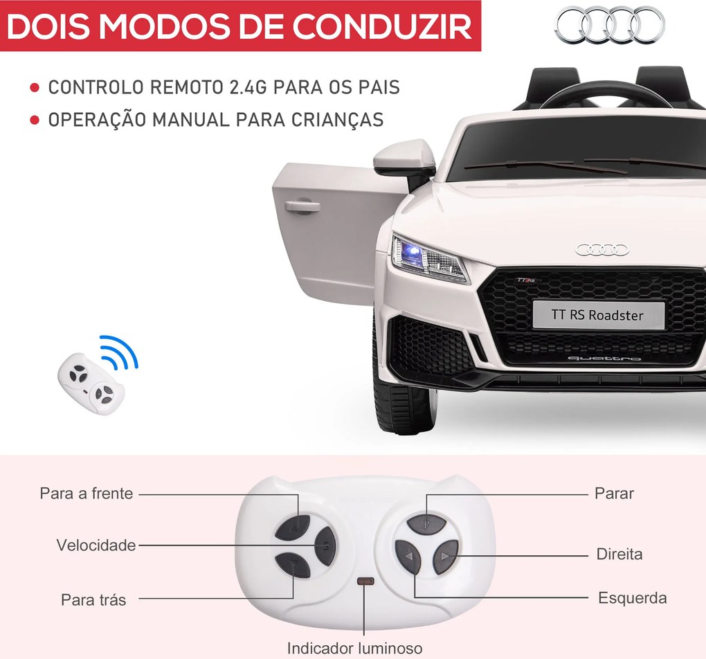 Carro Elétrico Audi TT para Crianças acima de 3-5 anos com Controlo Remoto Música e Luzes Bateria 12V 102x60x44 cm Branco