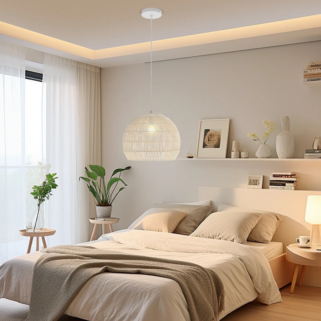 Luminária pendente de papel trançado, luminária suspensa de vime, lustre de teto boêmio com altura de suspensão ajustável, marrom