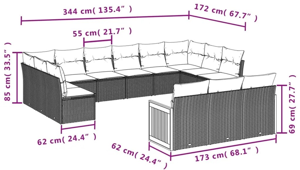 13 pcs conjunto sofás p/ jardim c/ almofadões vime PE cinzento