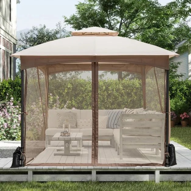 Pergula jardim de 3 x 3 m com rede mosquiteira, 4 sacos de areia e teto duplo impermeável cor cáqui